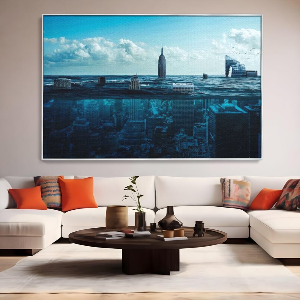 Tablou canvas cu ilustratie digitala cu oras scufundat in ocean, in rama de aluminiu argintiu, pe perete intr-un living